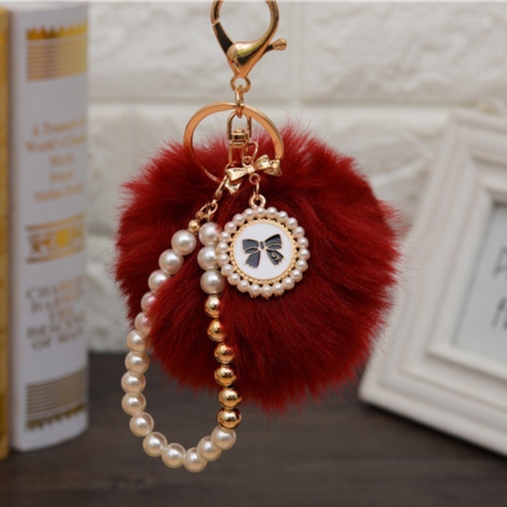 *OKSANA* Burgundy Pom x Pearl Fashion Keychain